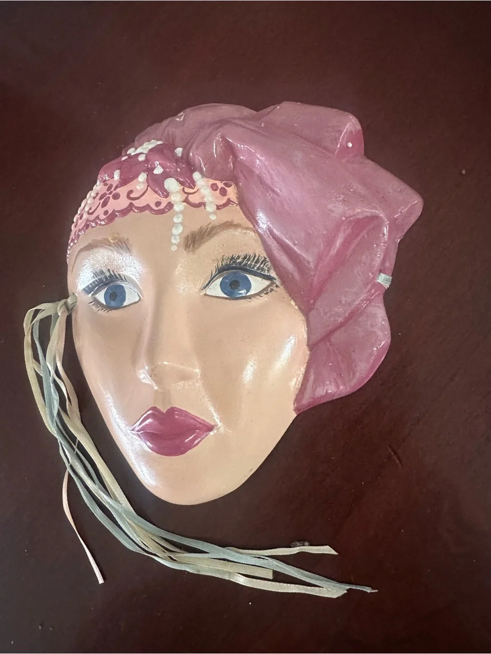 Vintage ceramic glamor girl with hat mask wall hanging 1980s art deco
